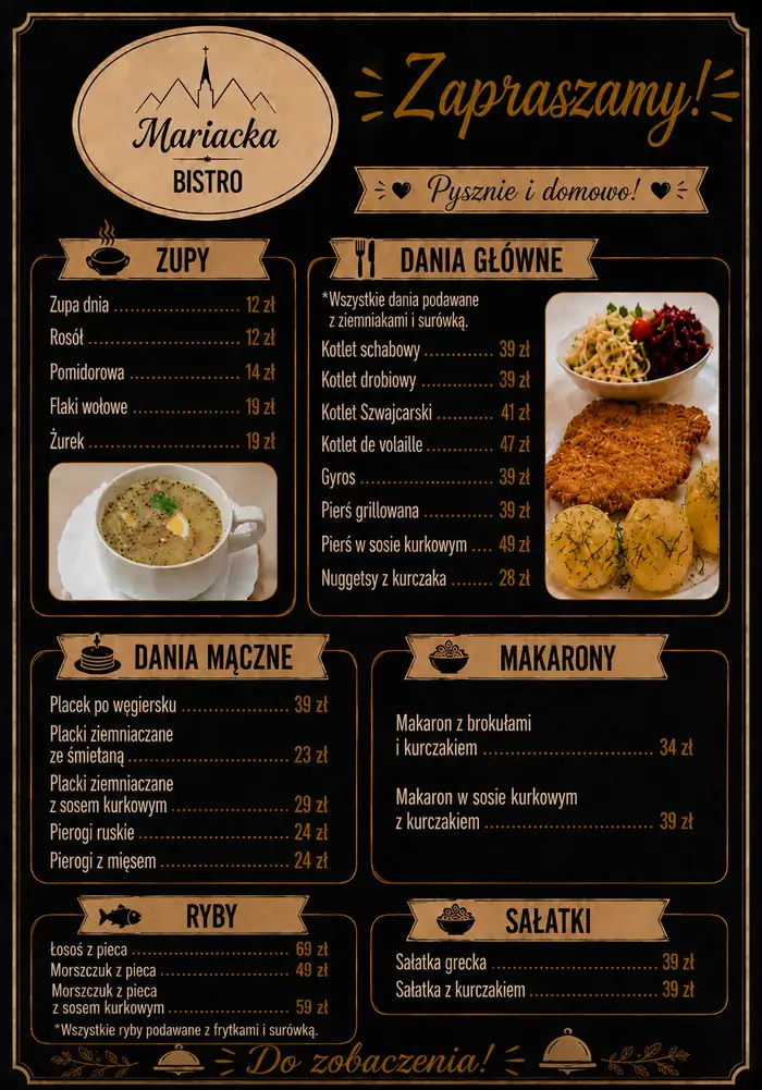 Czarna karta Mariacka Bistro z działami Zupy, Dania główne, Dania mączne, Makarony, Ryby i Sałatki